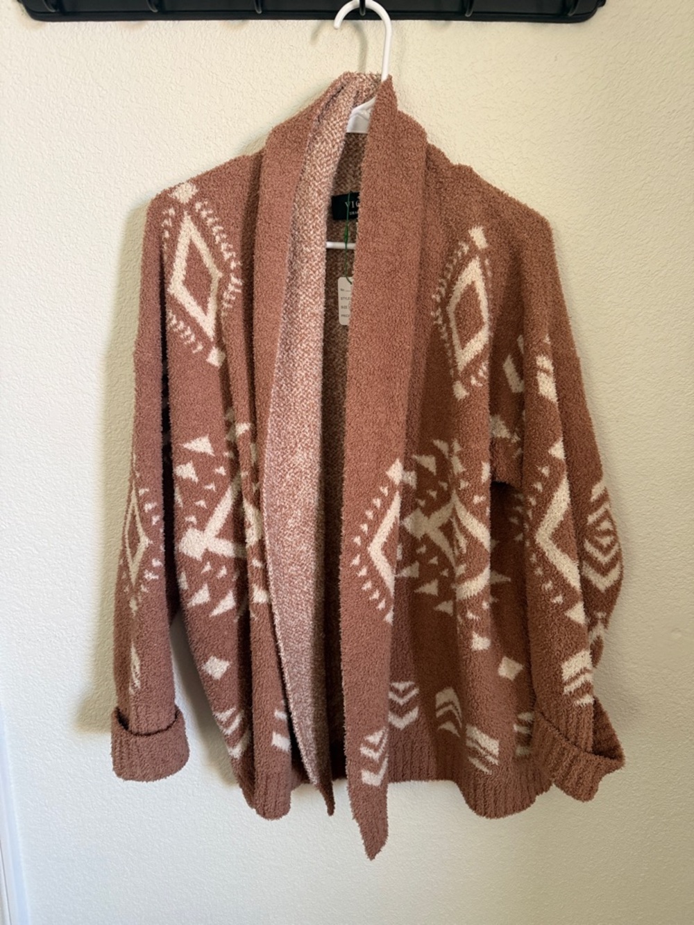 Vici Cozy Aztec Open Front oversized Cardigan in Rust and Cream